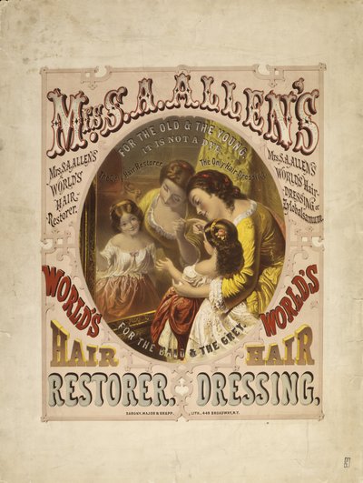 Restaurateur de cheveux mondial de Mme S. A. Allen, coiffure, 1865 - Major and Knapp Sarony