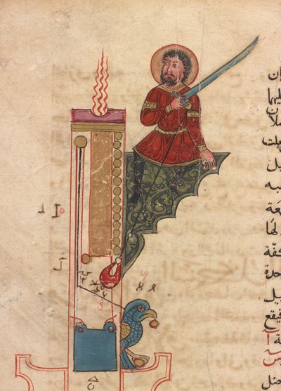 Une horloge à bougie, folio du Kitab fi ma`arifat al-hiyal al-handisaya (Le livre de la connaissance des dispositifs mécaniques ingénieux) Automates par al-Jazari (d. 1206) - Mamluk Sultanate school