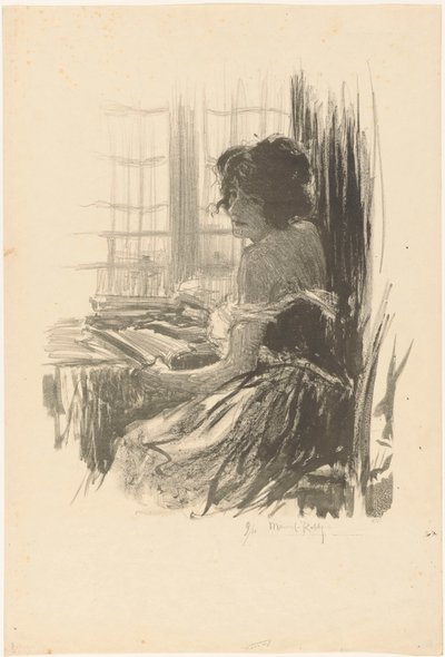 Femme lisant derrière une table devant la fenêtre - Manuel Robbe (signed by artist)