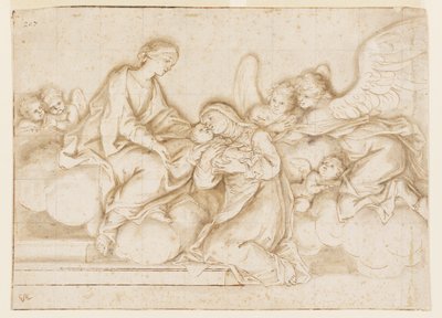 Conception pour une peinture murale monochrome, Église de Corpus Domini, Bologne, Italie, Sainte Caterina Vigri reçoit l