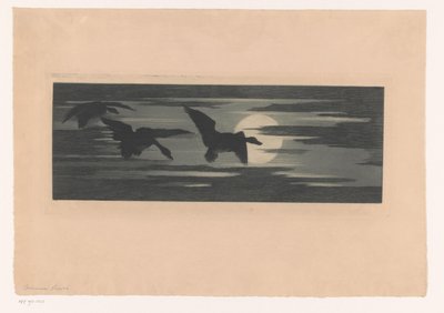Trois canards volant au coucher du soleil - Marc Henry Meunier (attributed to)