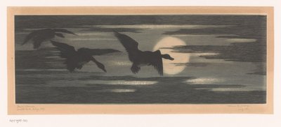 Trois canards volant au coucher du soleil - Marc Henry Meunier (attributed to)