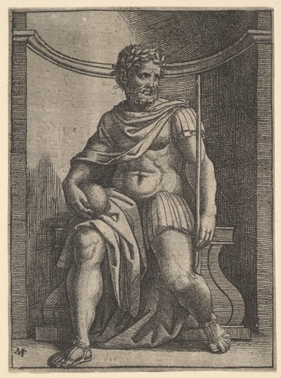 Un empereur romain assis dans une niche tenant un globe et un sceptre - Marcantonio Raimondi