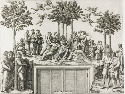 Apollon sur le Parnasse, entouré des Muses et des poètes - Marcantonio Raimondi
