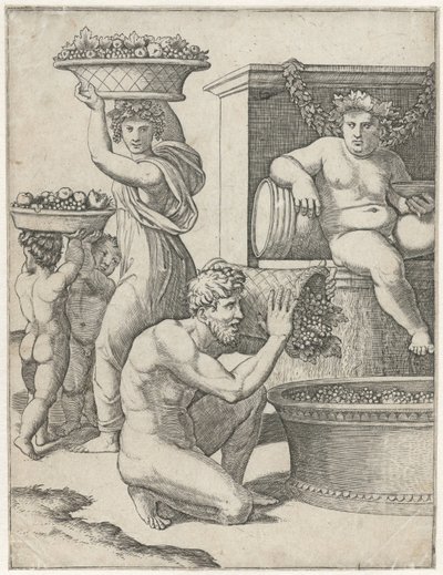 Bacchus regarde un homme et une femme avec deux enfants portant des paniers de raisins pour la préparation du vin - Marcantonio Raimondi