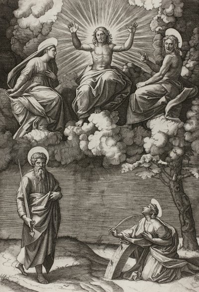 Christ, la Vierge et Saint Jean-Baptiste avec les saints Paul et Catherine - Marcantonio Raimondi