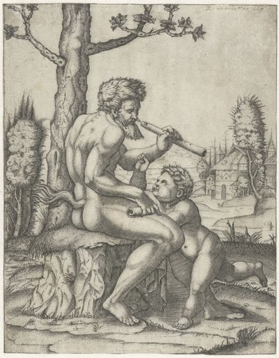 Faune avec flûte jouant avec un enfant - Marcantonio Raimondi