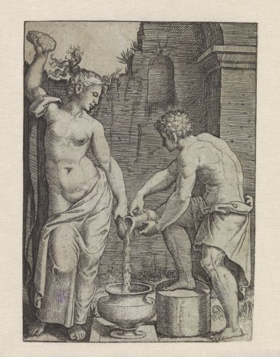 Femme à moitié nue se lavant avec des éponges et serviteur versant de l
