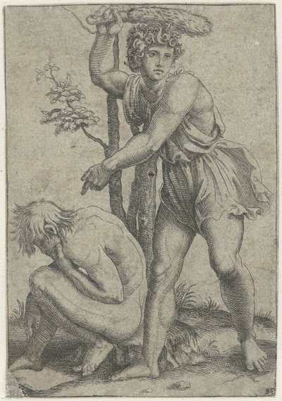 Homme nu accroupi frappé par un homme avec une queue de renard - Marcantonio Raimondi