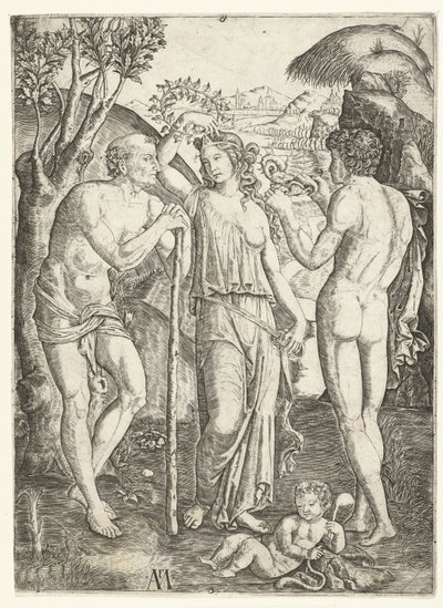 Jeune femme avec couronne de feuilles entre un vieil homme appuyé sur un bâton et un jeune homme avec un dragon et un enfant - Marcantonio Raimondi