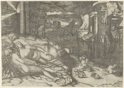 Paysage avec deux femmes nues endormies et des animaux fantastiques sur une rive près d