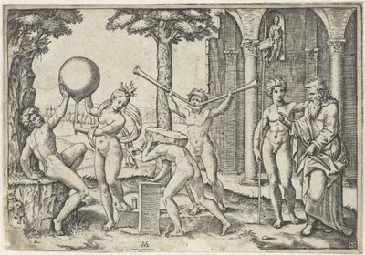 Homme avec deux trompettes et homme avec pierre sur le dos flanqué d