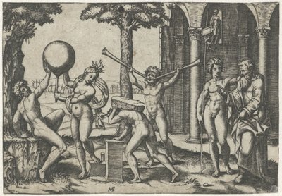 Homme avec deux trompettes et homme avec pierre sur son dos flanqué d