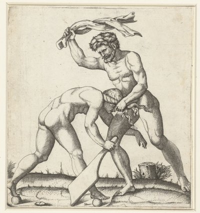 Homme combattant avec une femme personnifiant la Fortune (Fortuna) - Marcantonio Raimondi
