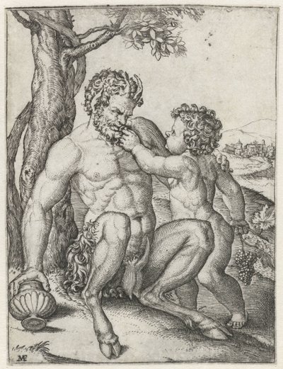 Pan avec une coupe et Bacchus enfant avec une grappe de raisin - Marcantonio Raimondi