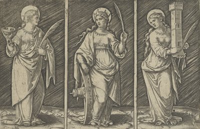 Sainte Barbe à gauche, Sainte Catherine au centre, Sainte Lucie à droite - Marcantonio Raimondi