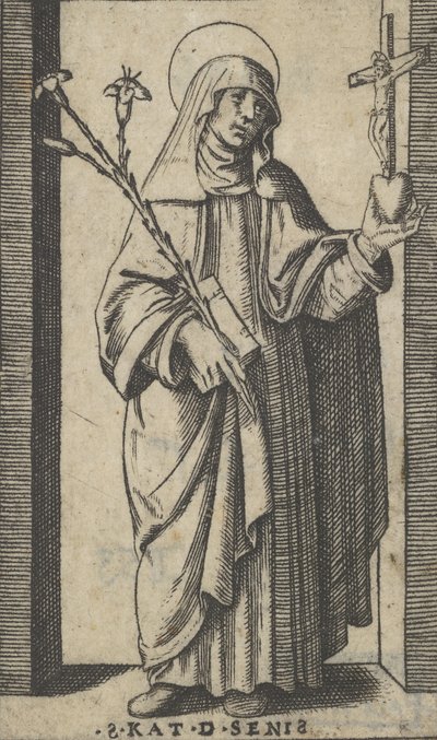 Sainte Catherine de Sienne debout tenant des fleurs et un livre dans sa main droite, vers 1500-1527 - Marcantonio Raimondi
