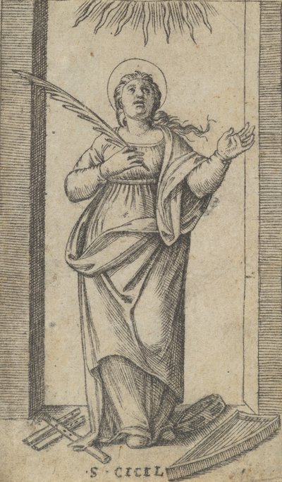 Sainte Cécile debout tenant une palme de martyre dans sa main droite, ca. 1500-1527 - Marcantonio Raimondi