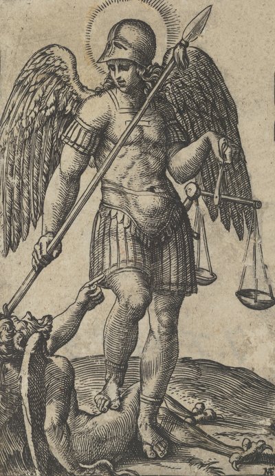Saint Michel tenant une balance et une lance, un démon sous lui, de la série 