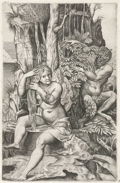 Satyre espionnant une nymphe pendant sa toilette (Pan et Syrinx) - Marcantonio Raimondi