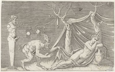 Satyre espionnant une nymphe endormie - Marcantonio Raimondi