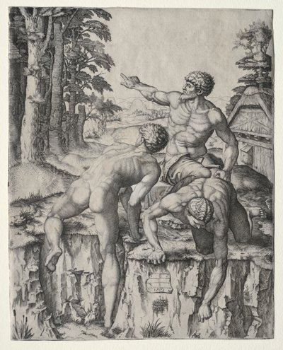 Les grimpeurs (Trois figures de la bataille de Cascina de Michel-Ange) - Marcantonio Raimondi