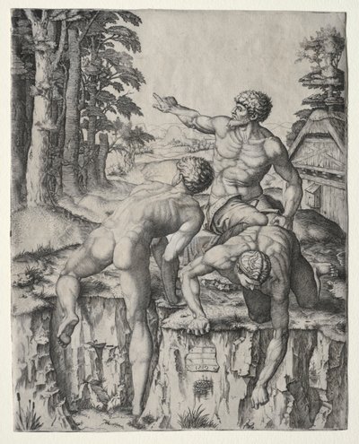 Les Grimpeurs Trois Figures de la Bataille de Cascina de Michel-Ange, 1510 - Marcantonio Raimondi