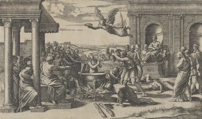 Le martyre de Sainte Cécile debout nue dans un grand chaudron - Marcantonio Raimondi