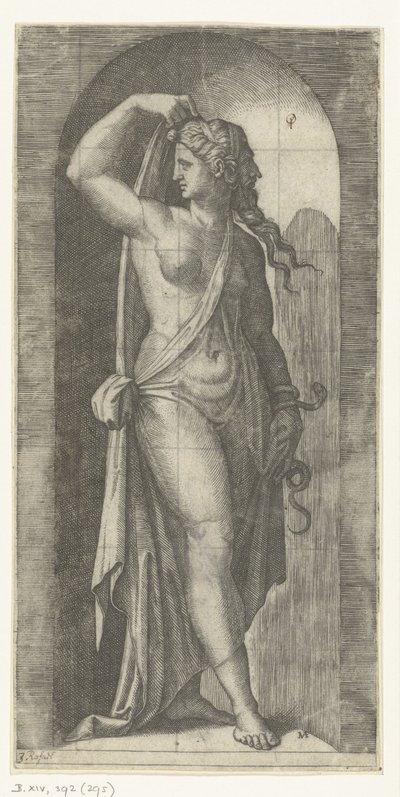 Femme personnifiant la Prudence avec serpent et masque (Les Sept Vertus) - Marcantonio Raimondi
