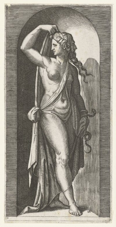 Femme comme personnification de la Prudence (Prudentia) avec serpent et masque (Série des Sept Vertus) - Marcantonio Raimondi