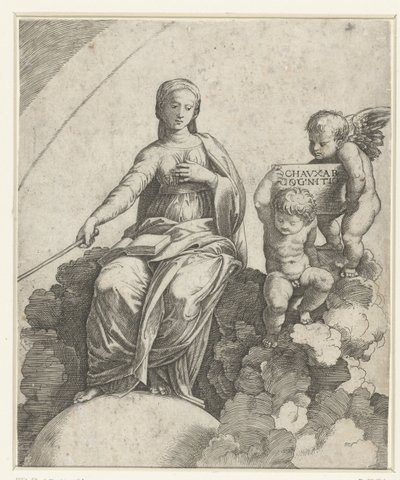 Femme avec livre et sceptre personnifiant la Philosophie, assise sur des nuages avec deux putti à ses côtés - Marcantonio Raimondi