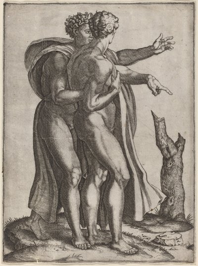 Deux hommes nus - Marcantonio Raimondi after Michelangelo