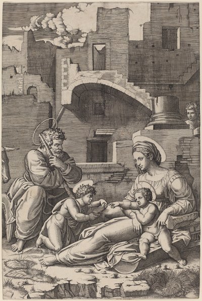 La Sainte Famille avec le jeune Saint Jean-Baptiste (La Madone de la longue cuisse) - Marcantonio Raimondi after Raphael