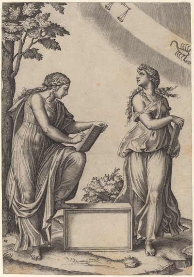 Deux femmes avec le zodiaque - Marcantonio Raimondi after Raphael