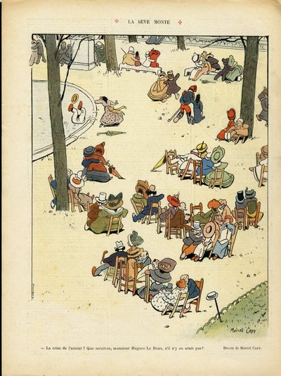 Illustration de Marcel Capy (1865-1941) dans Le Rire, 02/05/08 - La sève monte - Amour, Jardin public, Arbre - Marcel Amable O.L. Capy