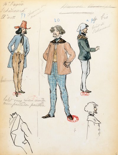 France, Paris, croquis de costume pour le musicien Schaunard dans l