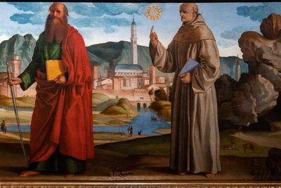 Saint François recevant les stigmates parmi Sainte Claire et Pierre, le bienheureux Bartolomeo de Breganze, et Saint Paul et Bernardino, détail - Marcello Fogolino