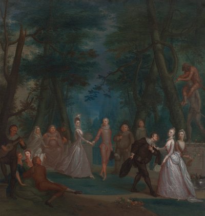 Scène dans un parc, avec des personnages de la Commedia dell