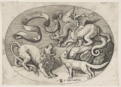 Un lion, un dragon et un renard se battant, une banderole inscrite au-dessus, un ovale, vers 1515-1527 - Marco Dente