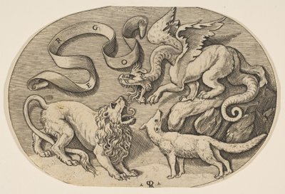 Un lion, un dragon et un renard se battant, une banderole inscrite au-dessus, un ovale, vers 1515-27 - Marco Dente