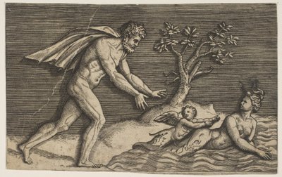 Un homme nu poursuivant une naïade et un cupidon dans l