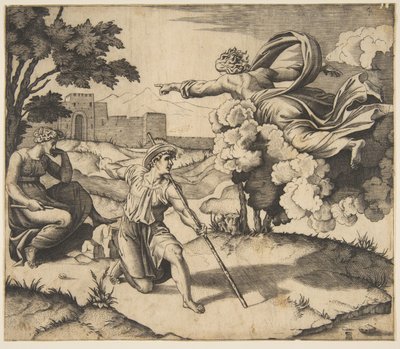 Dieu apparaissant à Isaac, Dieu flottant dans les nuages pointant vers Rebecca assise sous..., vers 1515-27 - Marco Dente