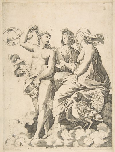 Junon, Cérès et Psyché dans les nuages conversant, Junon assise avec un paon à ses côtés..., vers 1515-27 - Marco Dente