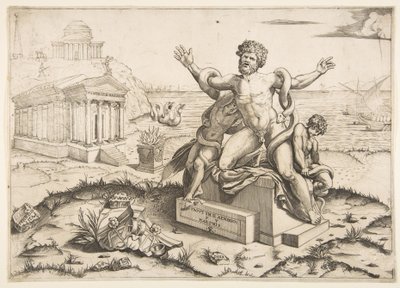 Laocoon et ses deux fils attaqués par des serpents sur un piédestal, un temple à Mi..., vers 1515-27 - Marco Dente