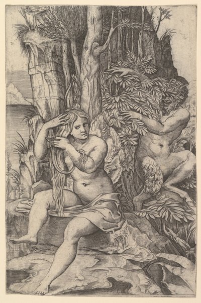 Pan espionnant la nymphe Syrinx assise sur un rocher, peignant ses cheveux, vers 1516-20 - Marco Dente
