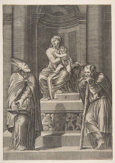 Saint Joseph à gauche et un évêque à droite devant l