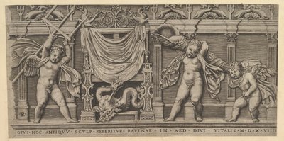 Speculum Romanae Magnificentiae: Bas-relief avec trois cupidons - Marco Dente