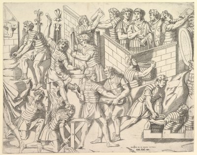 Speculum Romanae Magnificentiae : Soldats romains fortifiant leur camp, de Trajan..., 16ème siècle - Marco Dente