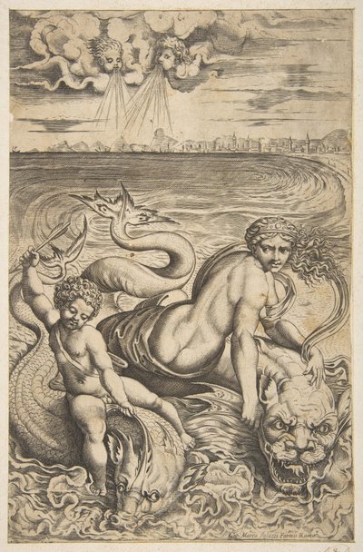 Vénus et Cupidon chevauchant deux monstres marins, Cupidon lève une flèche dans sa main droite - Marco Dente
