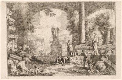 Caprice de ruines antiques avec des hommes regardant un orateur classique - Marco Ricci